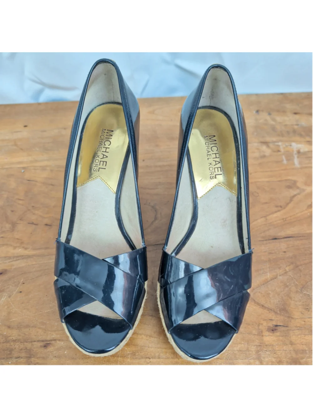MICHAEL Michael Kors Black Patent Espadrille Wedge Sandals